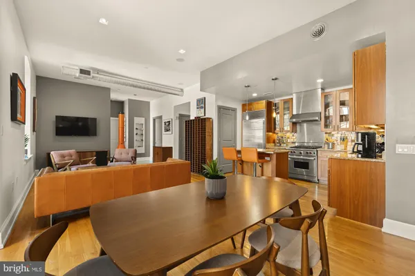 a view of a dining room with furniture