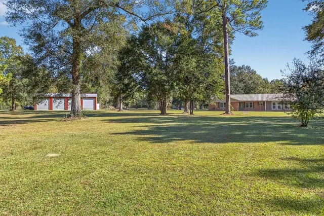 a view of pool and trees in the background