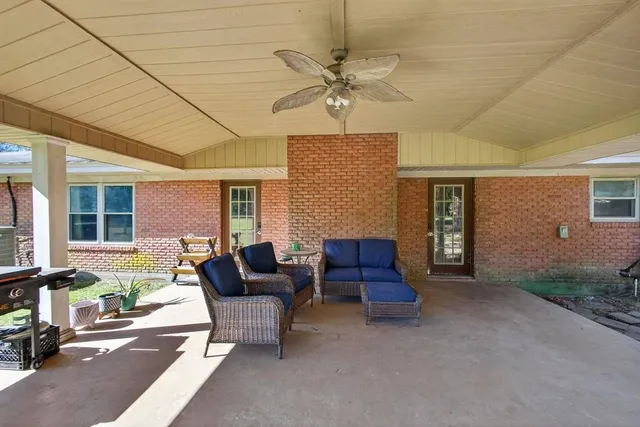 a view of a park with large trees