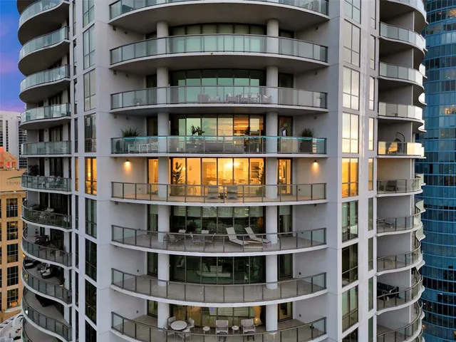 a city view with tall buildings