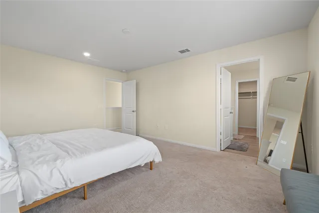 a bedroom with a bed and a walk in closet