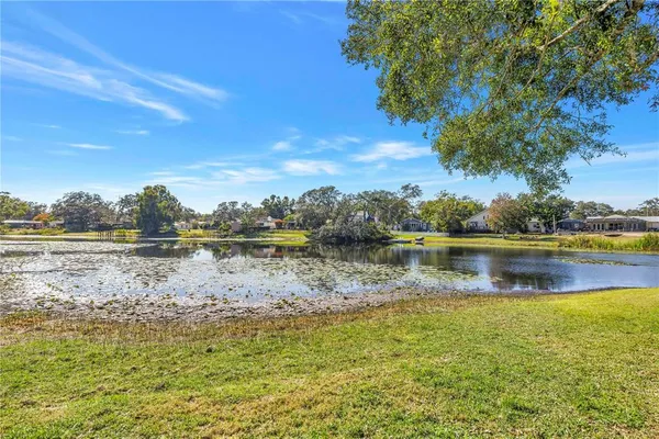a view of a lake with houses in the back