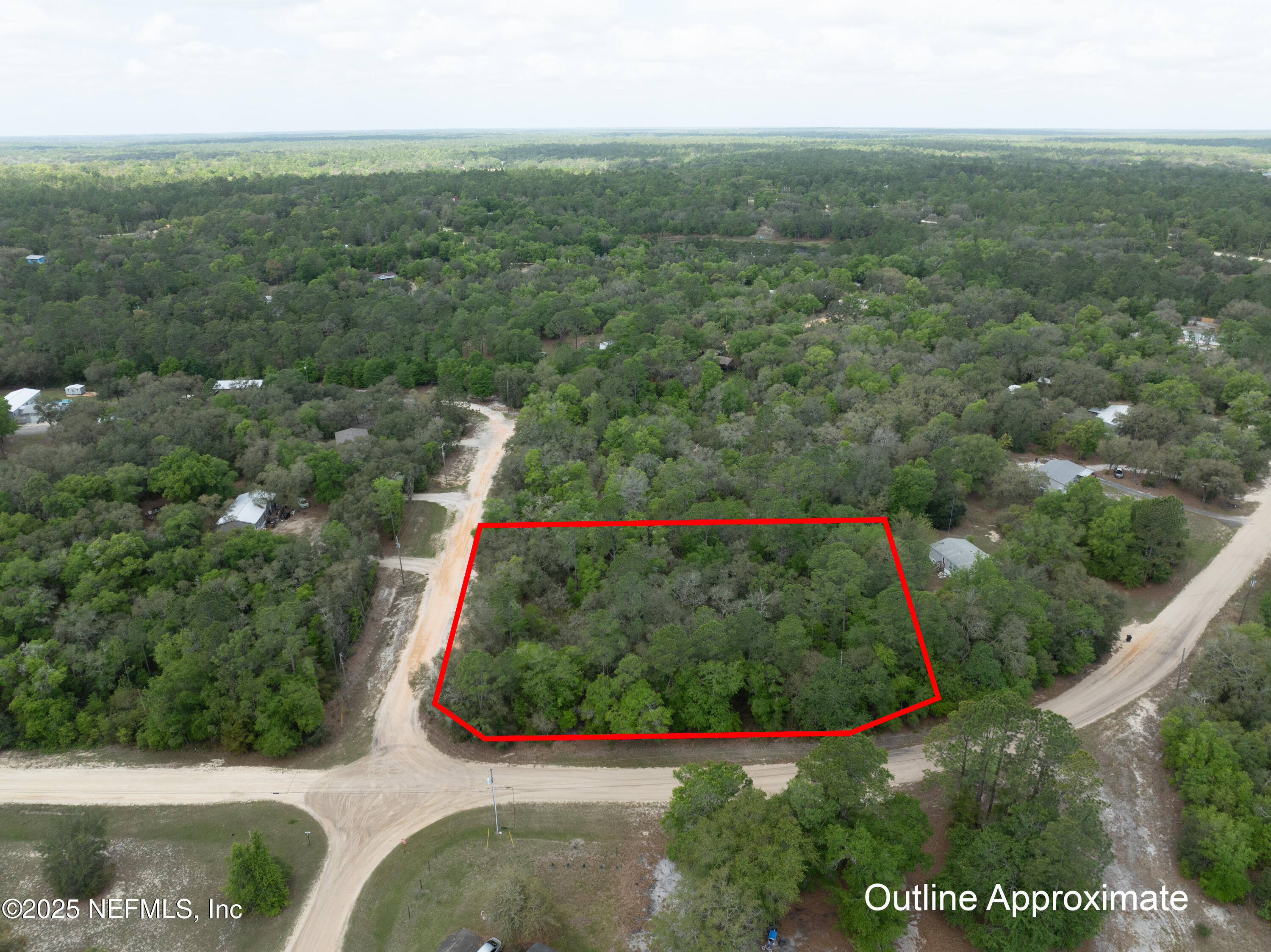 an aerial view of residential houses with outdoor space and trees