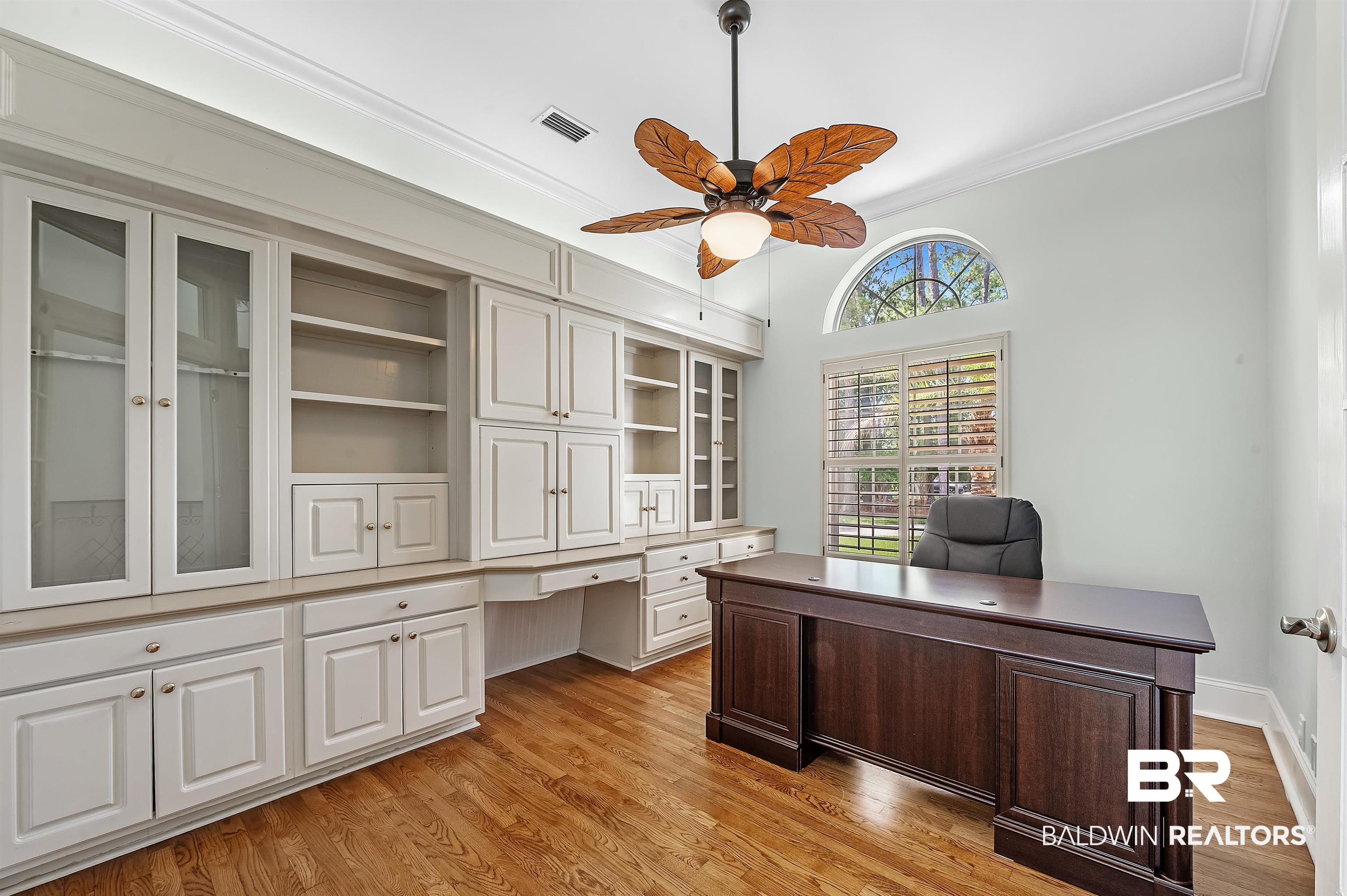 8160 Bay View Drive Foley, AL 36535 - Photo 23 of 43 Office space with ceiling fan, crown molding, and light wood-style flooring