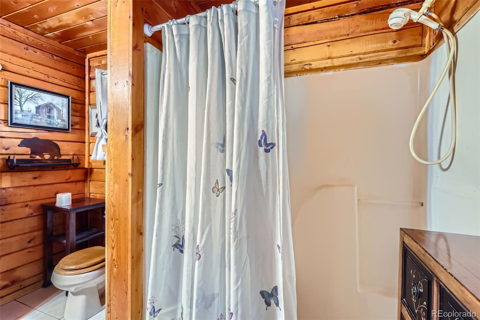 398 Gross Road Bailey, CO 80421 - Photo 21 of 28 a bathroom with a granite countertop shower and a toilet