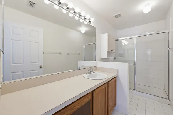 a bathroom with a sink a shower and a mirror