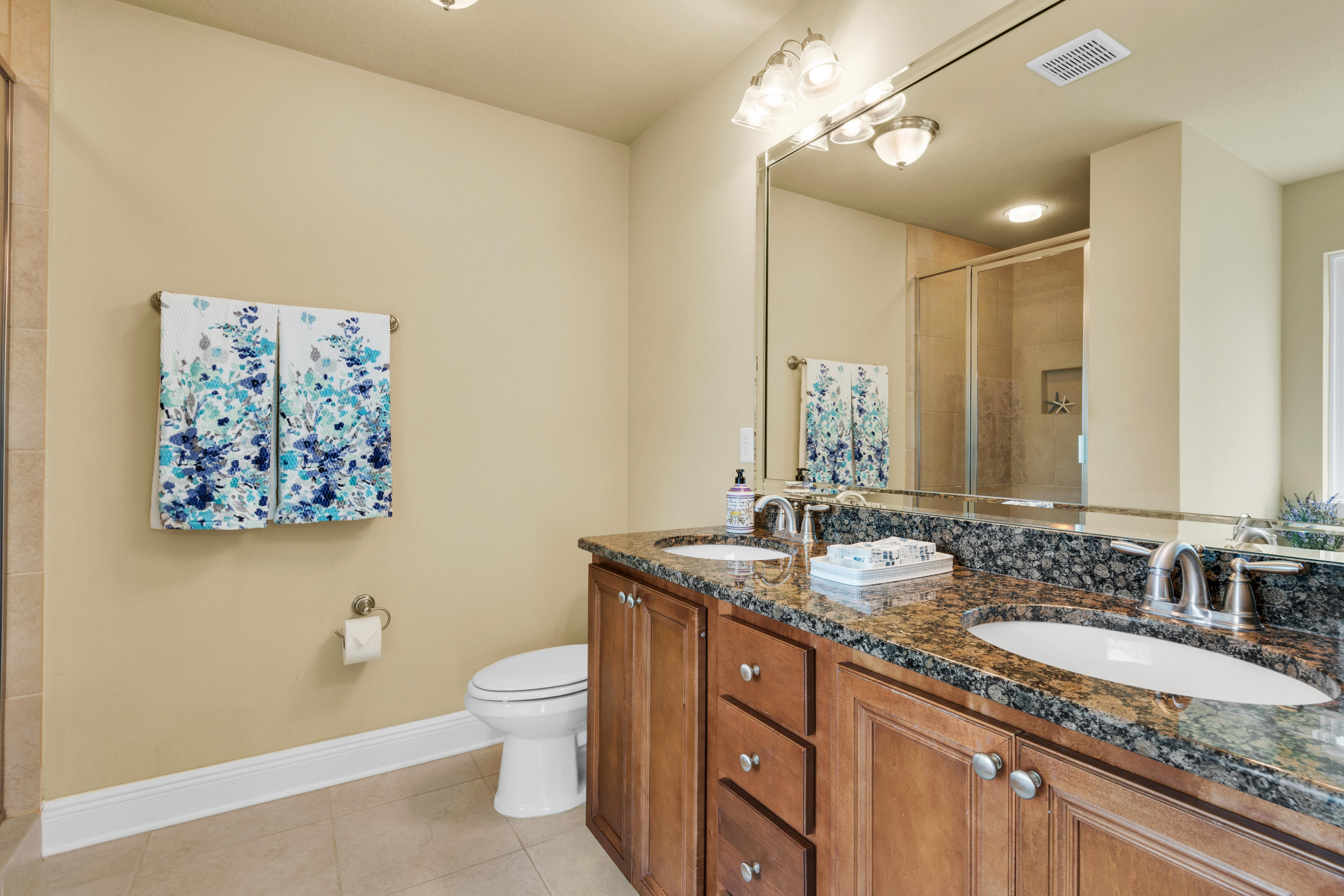 69 Topsail Drive Santa Rosa Beach, FL 32459 - Photo 17 of 34 a bathroom with a granite countertop sink a toilet a mirror and shower