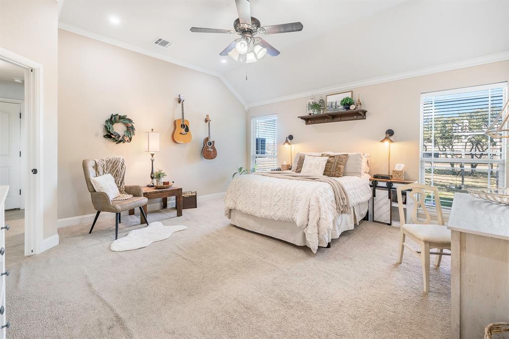 116 Miramar Circle Weatherford, TX 76085 - Photo 12 of 37 Bedroom featuring crown molding, vaulted ceiling, light colored carpet, ceiling fan, and recessed lighting