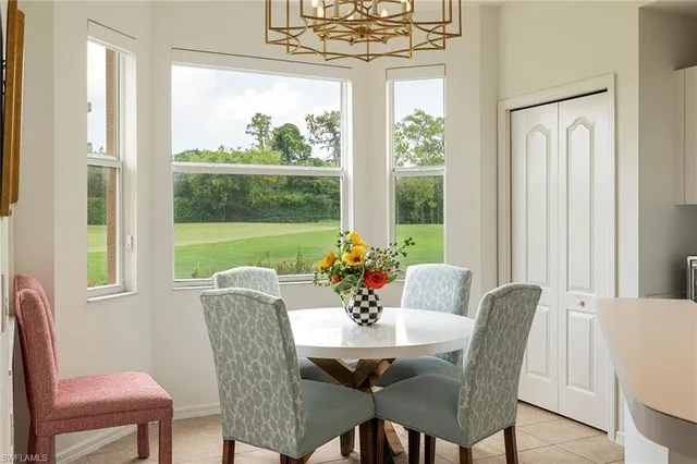 a view of a dining room with furniture window and outside view
