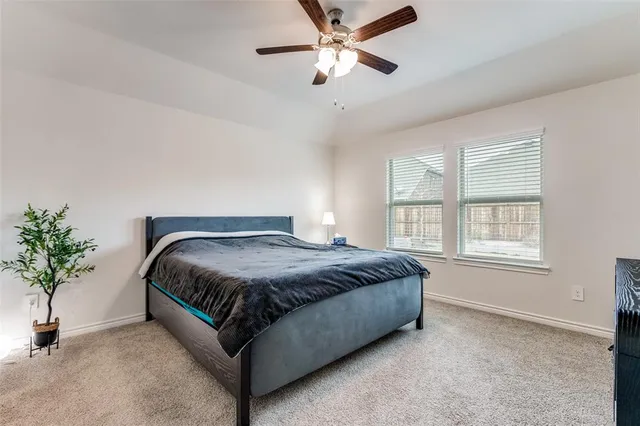 a spacious bedroom with a bed and a potted plant