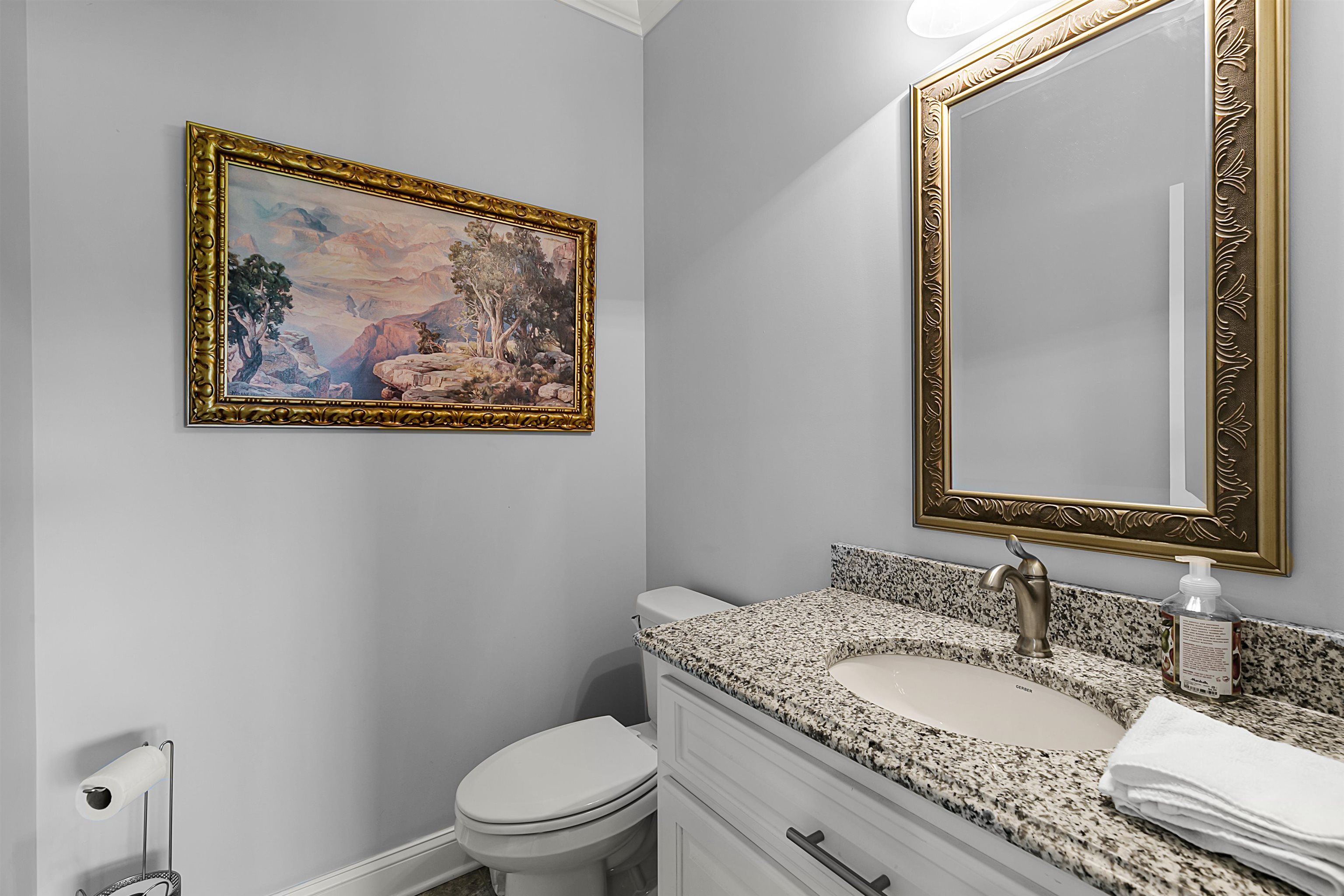 3250 Carroll Road Michie, TN 38357 - Photo 15 of 25 a bathroom with a granite countertop toilet a sink and a mirror