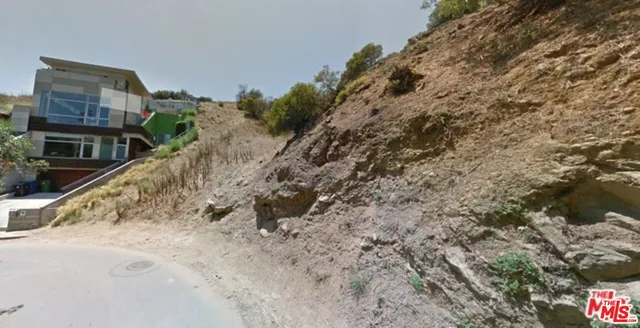 a view of a dry yard with trees
