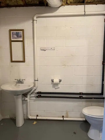 a bathroom with a sink a toilet and mirror