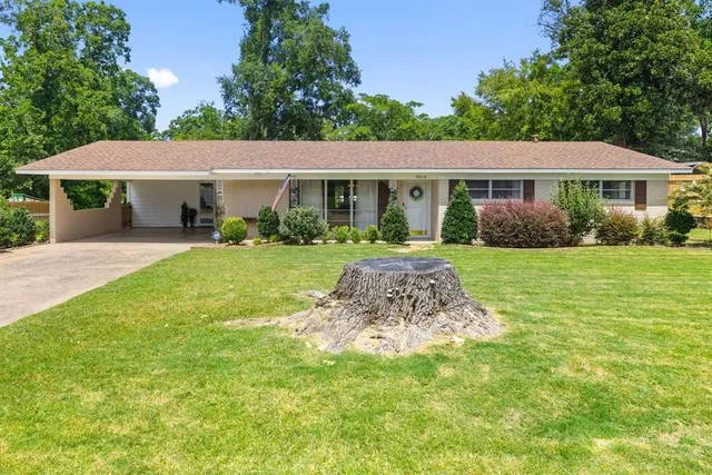 a view of a big house with a big yard potted plants and large tree