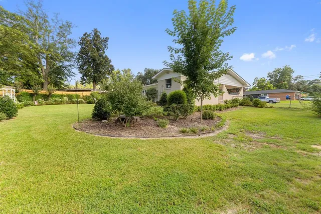 a view of a house with a yard and potted plants
