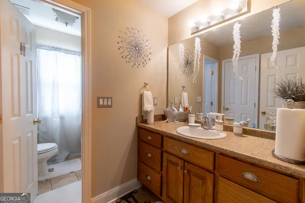 a bathroom with a sink a toilet and a mirror