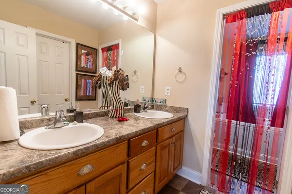 a bathroom with a sink double vanity and a mirror