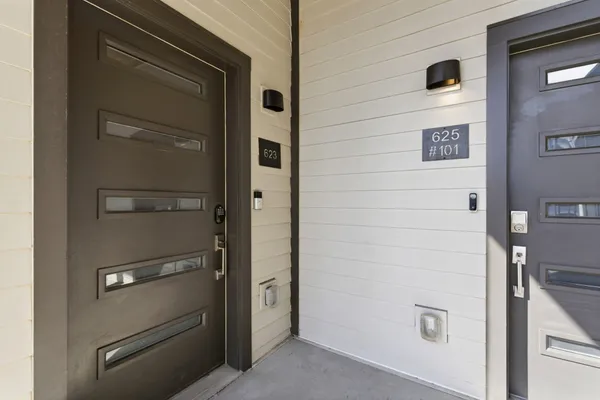 a view of a building with a door