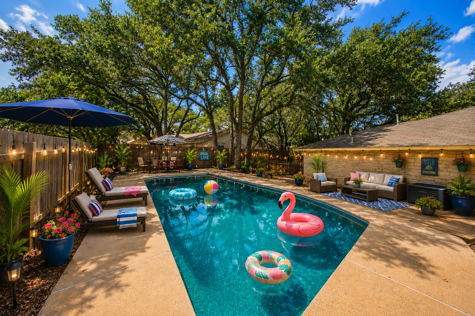 4504 Langtry Lane Austin, TX 78749 - Photo 1 of 24 An inviting backyard oasis features a shimmering pool, ample lounging areas, and lush surrounding greenery.