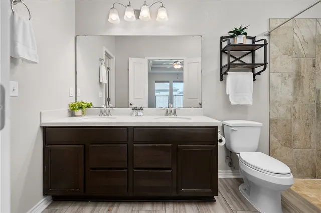 a bathroom with a sink a toilet and mirror