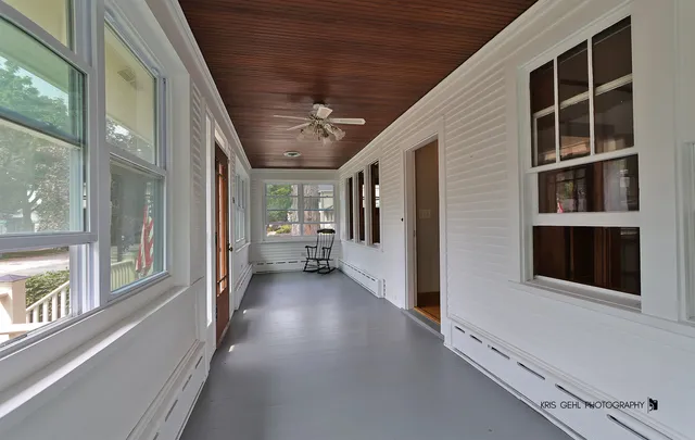 a view of a porch with windows