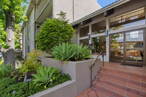 a view of a house with chairs and flower plants