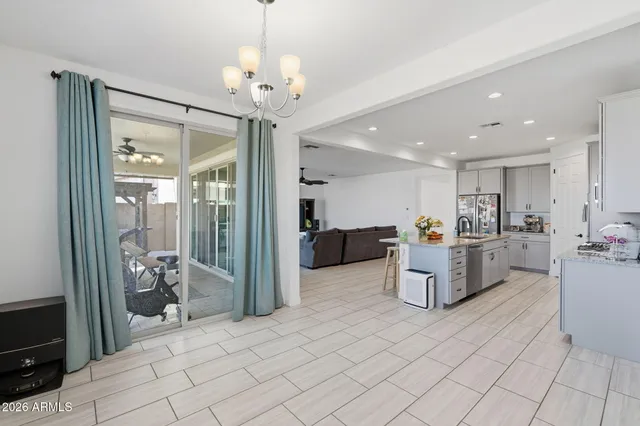 a view of a dining room with furniture