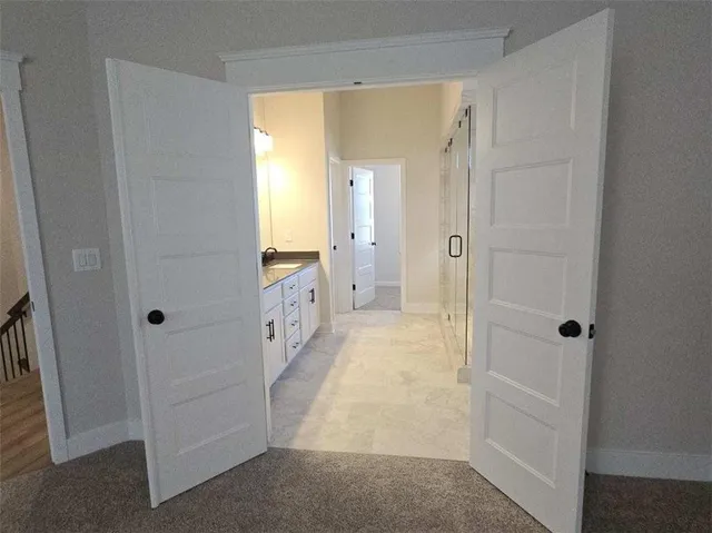 a bathroom with a shower and a sink