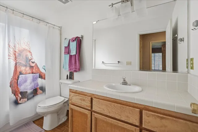 a bathroom with a sink vanity mirror and toilet
