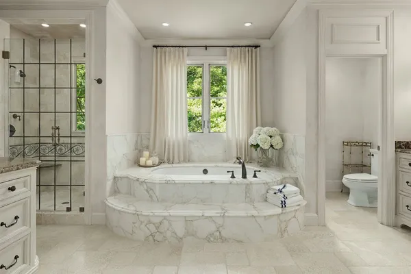 a bathroom with a bathtub and a shower
