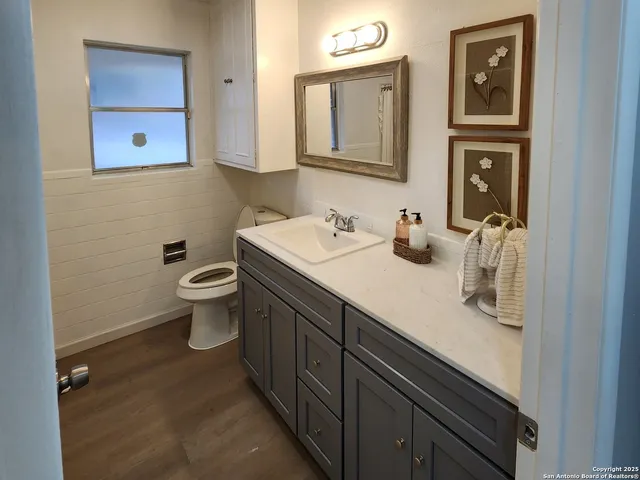 a bathroom with a sink a toilet and mirror