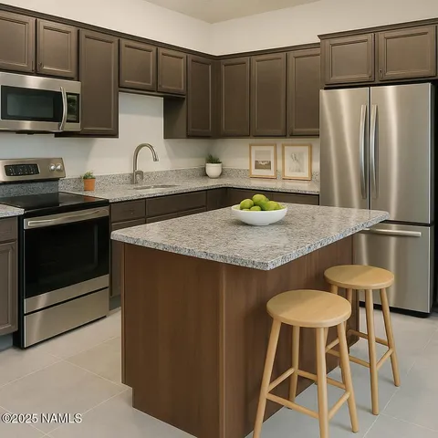 a kitchen with stainless steel appliances granite countertop a stove a sink a microwave a refrigerator and chairs