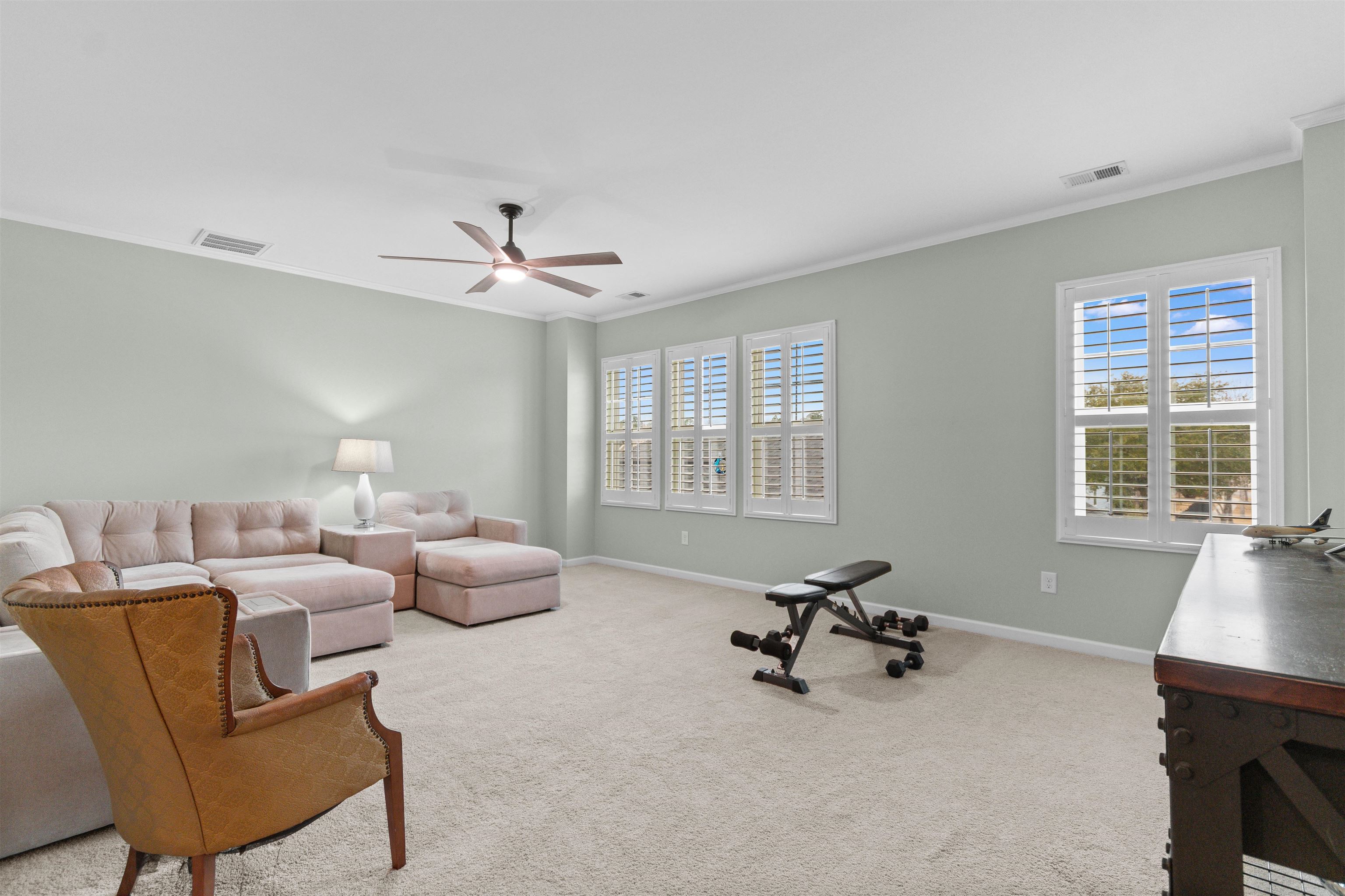 2408 Heritage Loop, Unit 2408 Myrtle Beach, SC 29577 - Photo 22 of 40 Carpeted living room with ornamental molding and ceiling fan