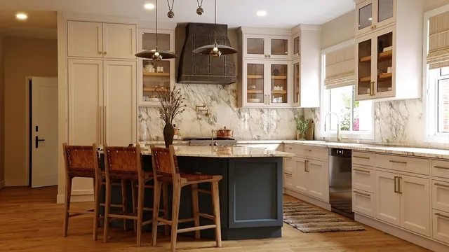a kitchen with kitchen island granite countertop a table chairs sink and cabinets