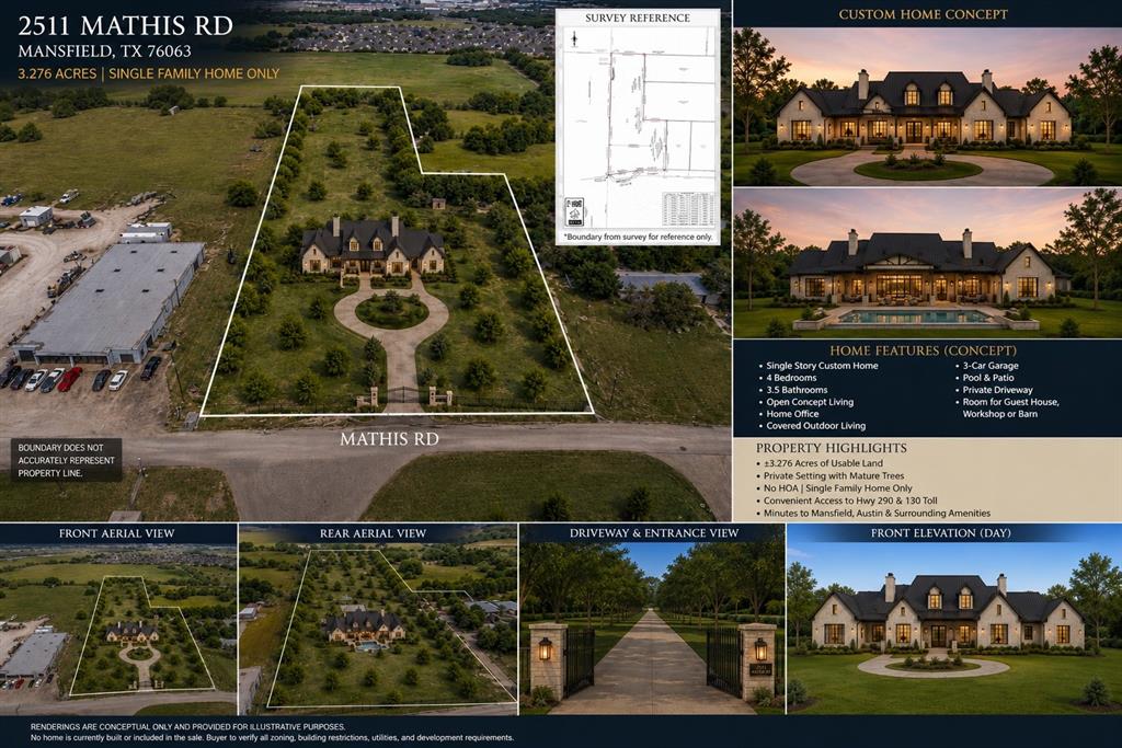 2511 Mathis Road Mansfield, TX 76063 - Photo 4 of 23 Renderings shown are conceptual only and provided for illustrative purposes to showcase the potential for a future custom single-family residence on the property. No home is currently built or included in the sale.