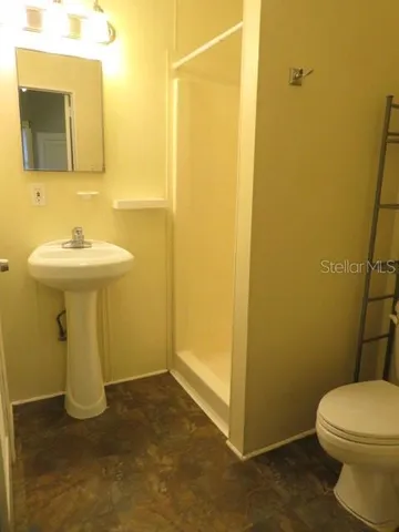 a bathroom with a sink a toilet and mirror