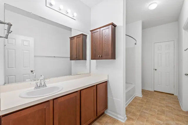 a bathroom with a sink and a mirror