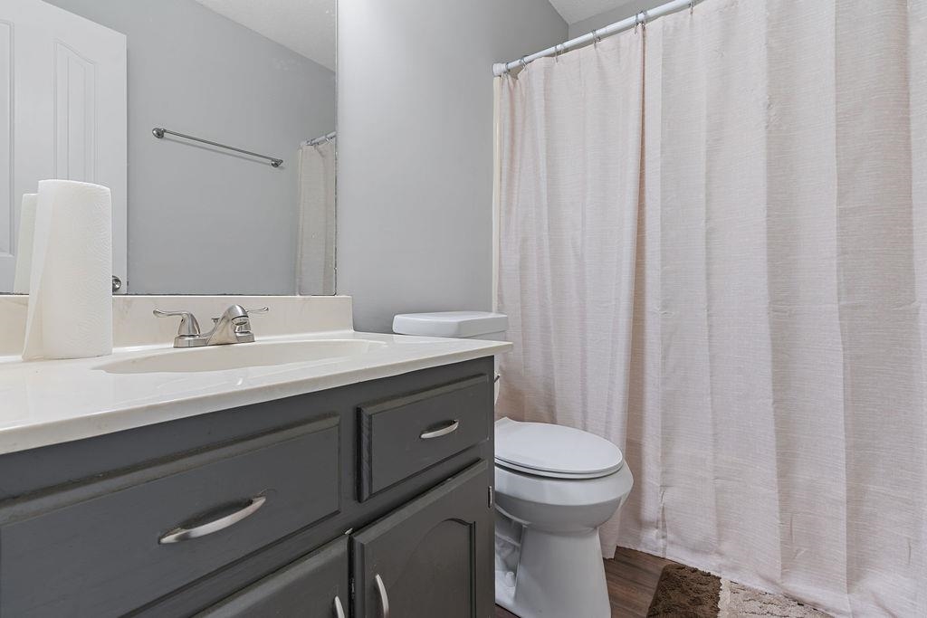 5340 Shady Ridge Cove Memphis, TN 38141 - Photo 12 of 22 Full bath featuring vanity, dark wood-style floors, and curtained shower