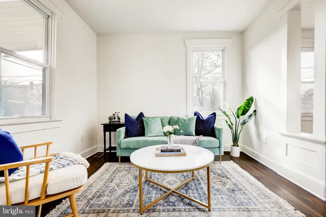 a living room with furniture a window and a potted plant