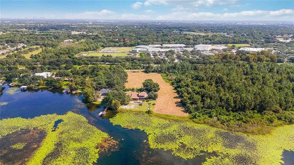 a view of a lake with a city