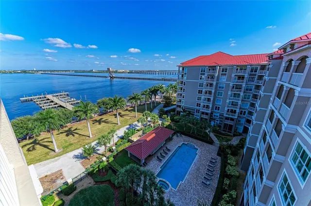 a view of a swimming pool and an ocean