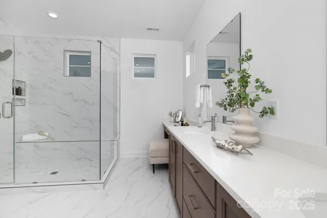 a bathroom with a sink a mirror and shower