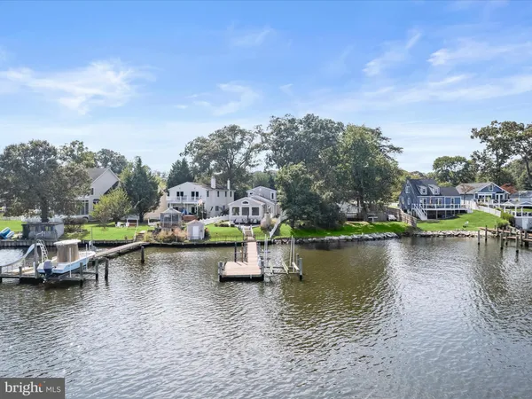 a view of a lake with boats and trees in the background