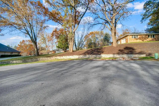 a view of a yard with yellow lighting