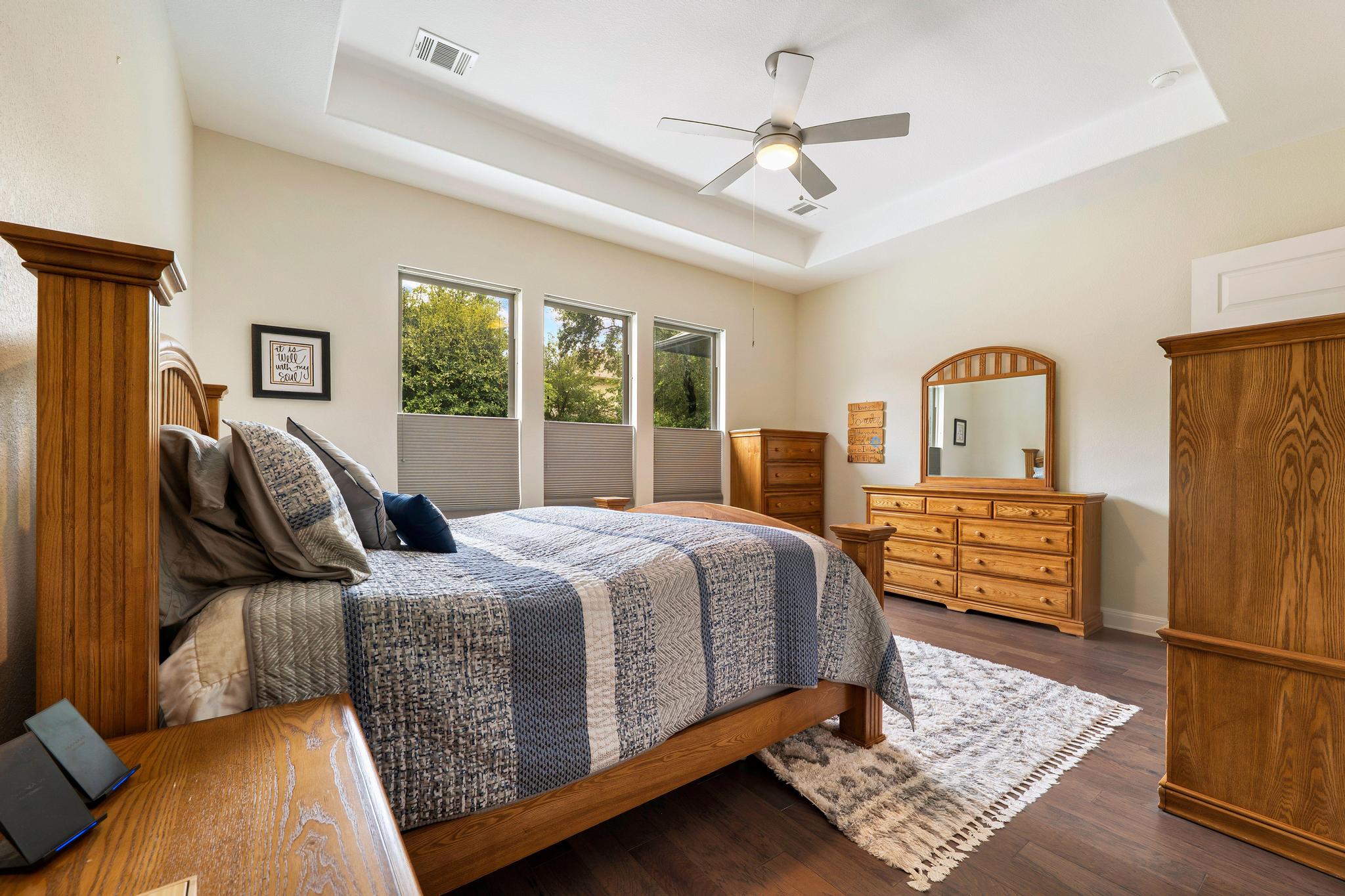 1009 Legacy Crossing Georgetown, TX 78628 - Photo 21 of 40 A tranquil primary bedroom with a tray ceiling and dark hardwood flooring, offering serene views through generous windows.