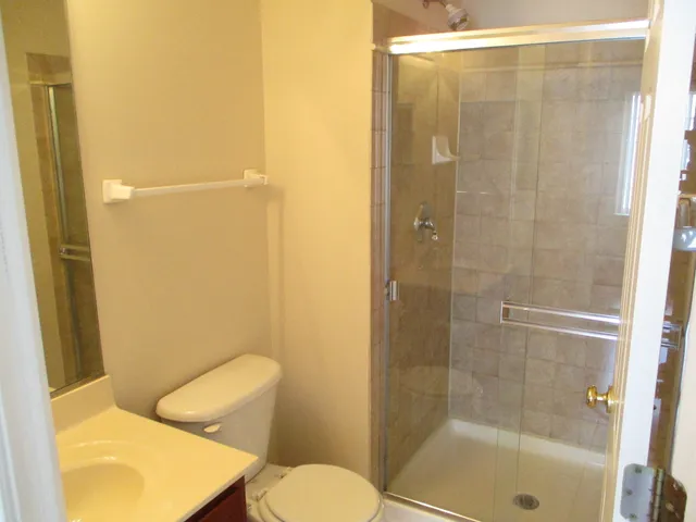 a bathroom with a shower and a toilet