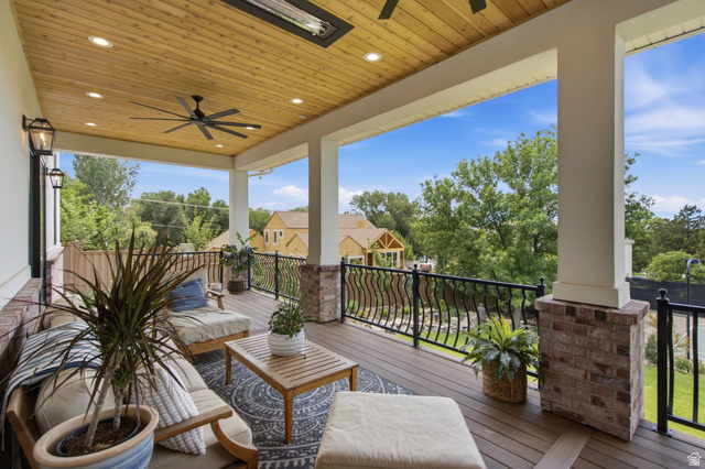 12308 Mariah Circle Draper, UT 84020 - Photo 227 of 293 Guest House Covered outdoor living space featuring a wood-panel ceiling, recessed lighting, and a ceiling fan