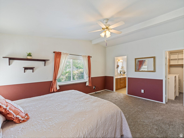3941 West 40 North Hurricane, UT 84737 - Photo 22 of 55 Carpeted room with a ceiling fan, a window with blinds, and two wall-mounted shelves
