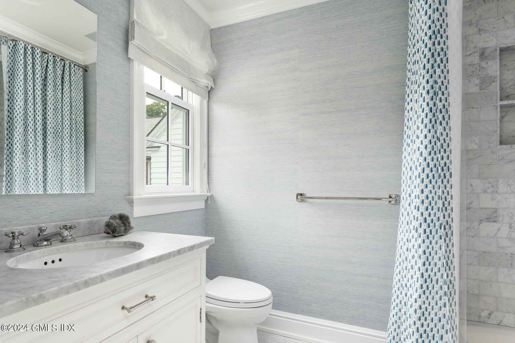 313 Stanwich Road Greenwich, CT 06830 - Photo 22 of 42 a bathroom with a granite countertop sink toilet and shower