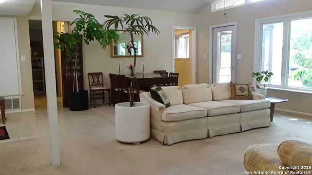 a living room with furniture and a potted plant